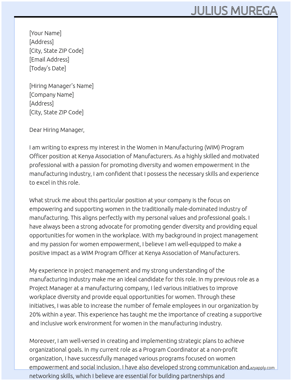 Women in Manufacturing (WIM) Program officer At Kenya Association of Manufacturers Cover Letter