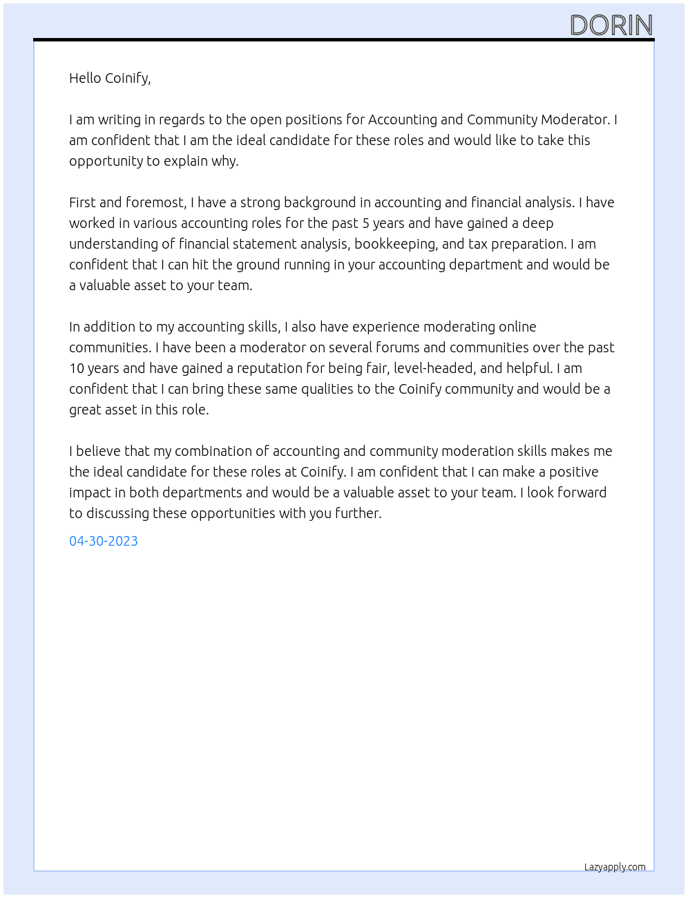 Accounting, Community moderator  At Coinify Cover Letter