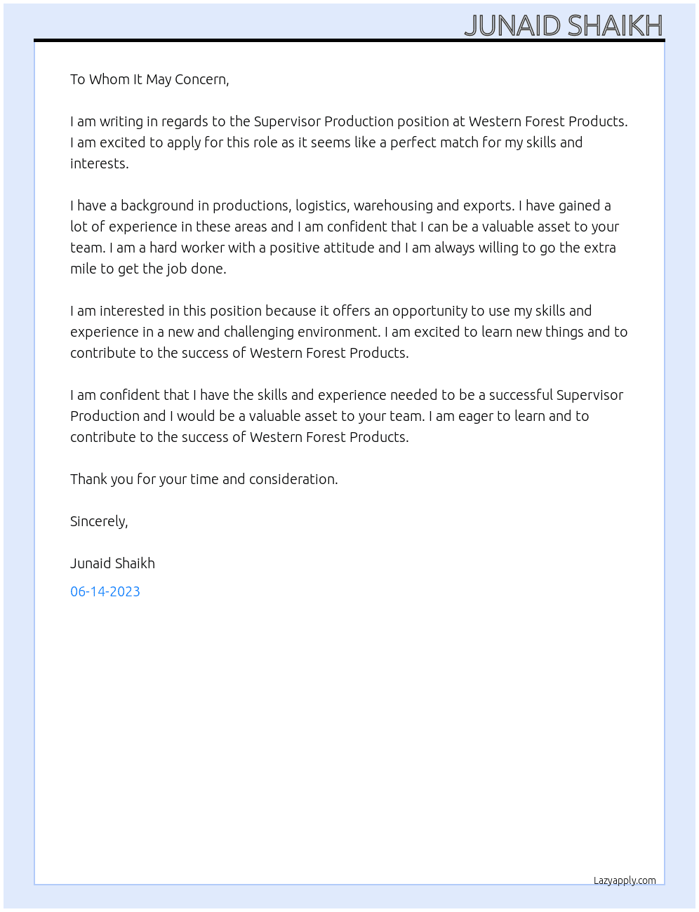 Supervisor Production At Western Forest Products Cover Letter