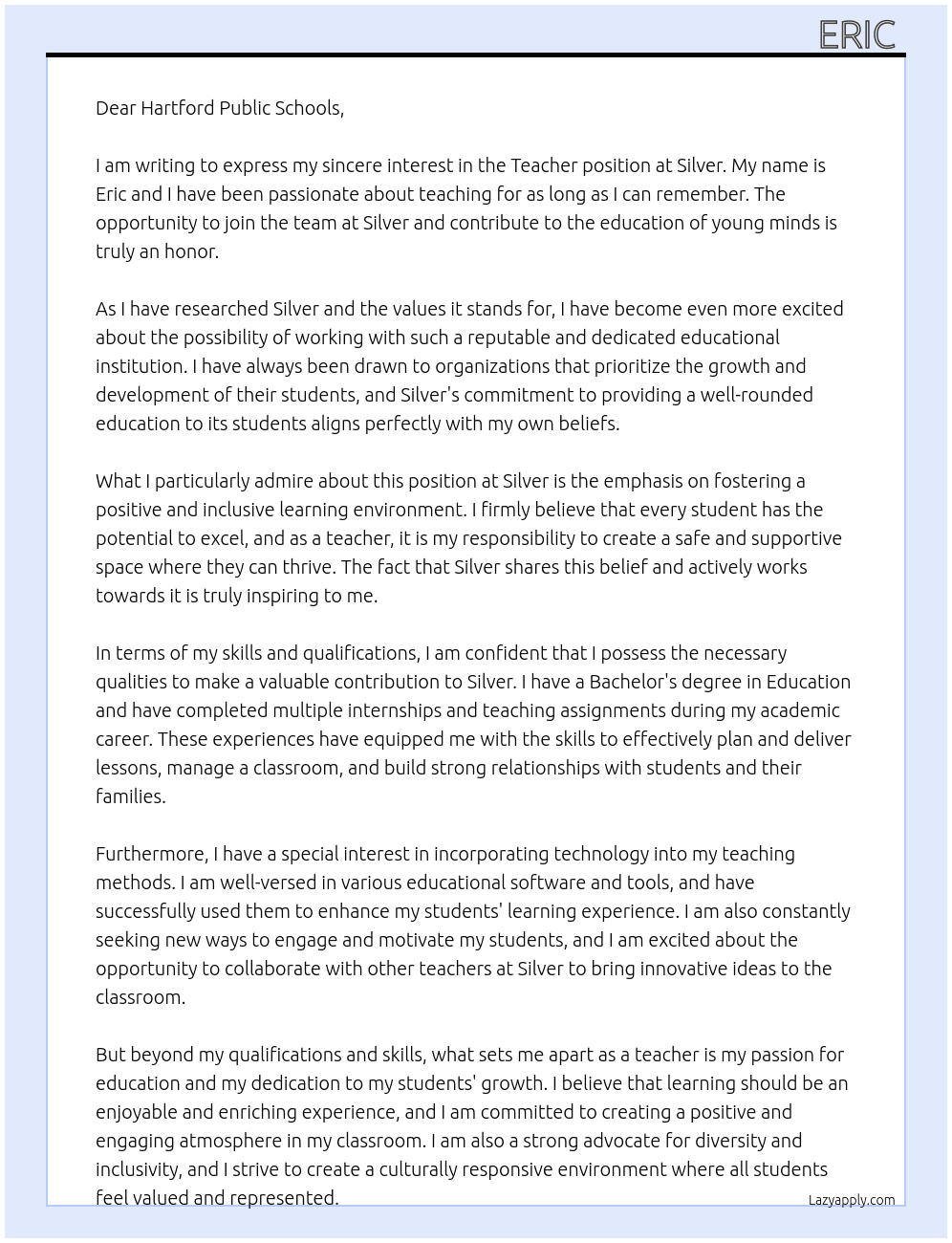 Teacher  At Silver  Cover Letter