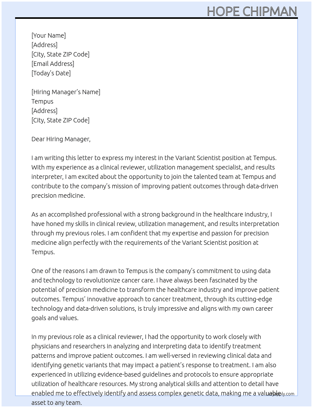 variant scientist At Tempus Cover Letter