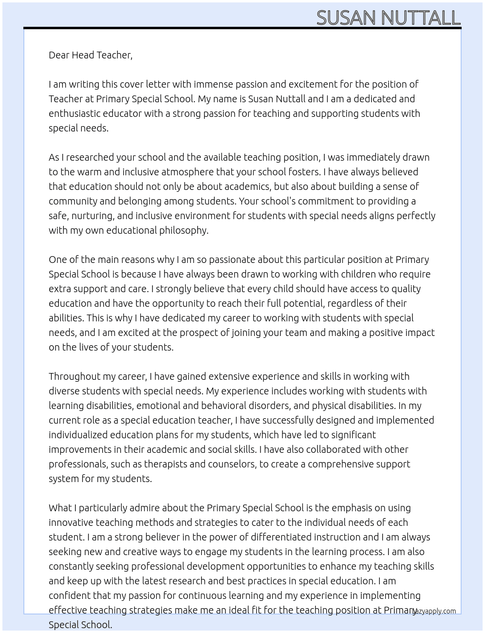 Teacher At Primary special school Cover Letter