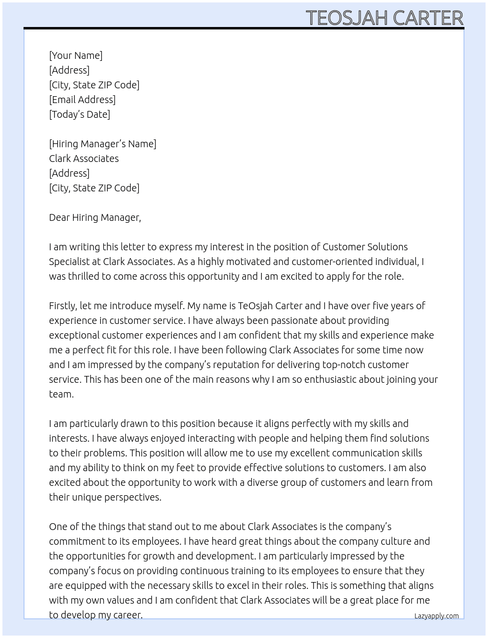 Customer Solutions Specialist At Clark Associates Cover Letter