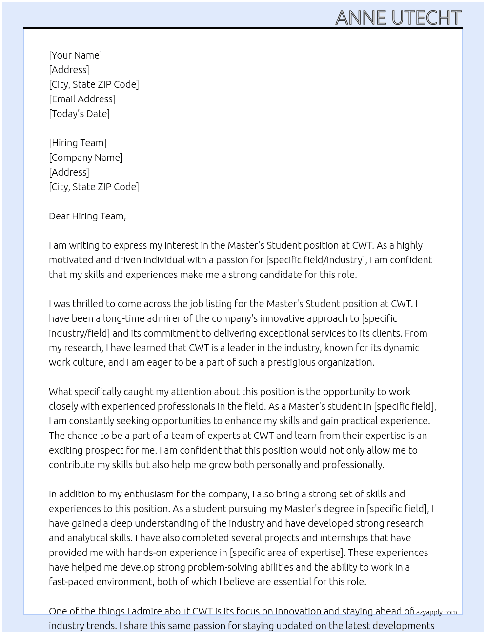 Master's Student At CWT Cover Letter