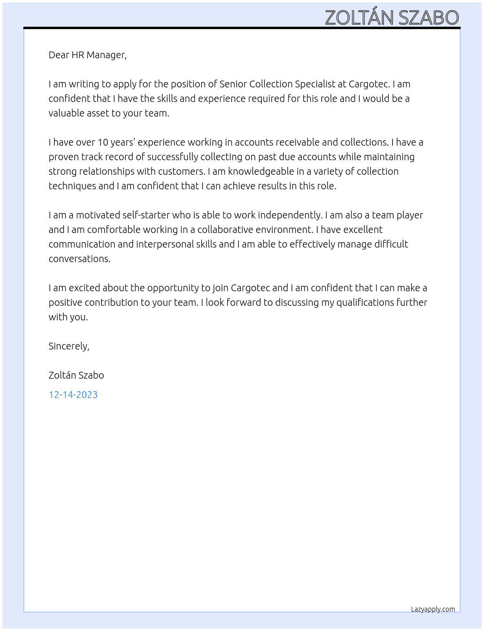 Senior Collection Specialist At Cargotec Cover Letter