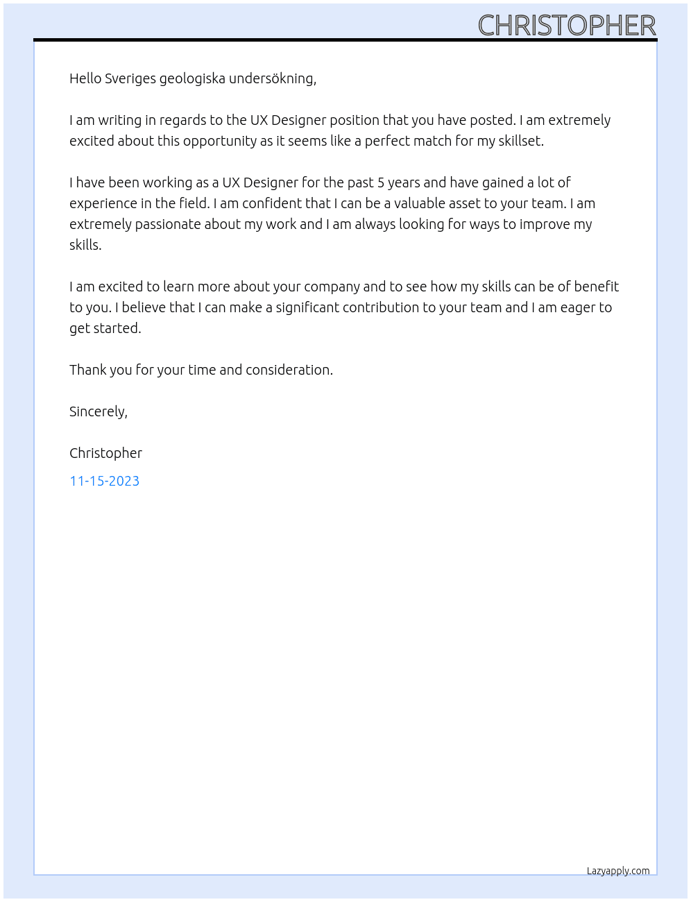 UX Designer At Sveriges geologiska undersökning Cover Letter