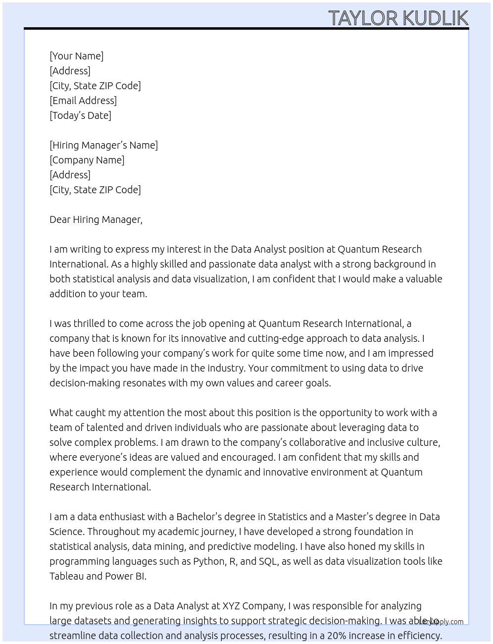 Data Analyst At Quantum Research International Cover Letter