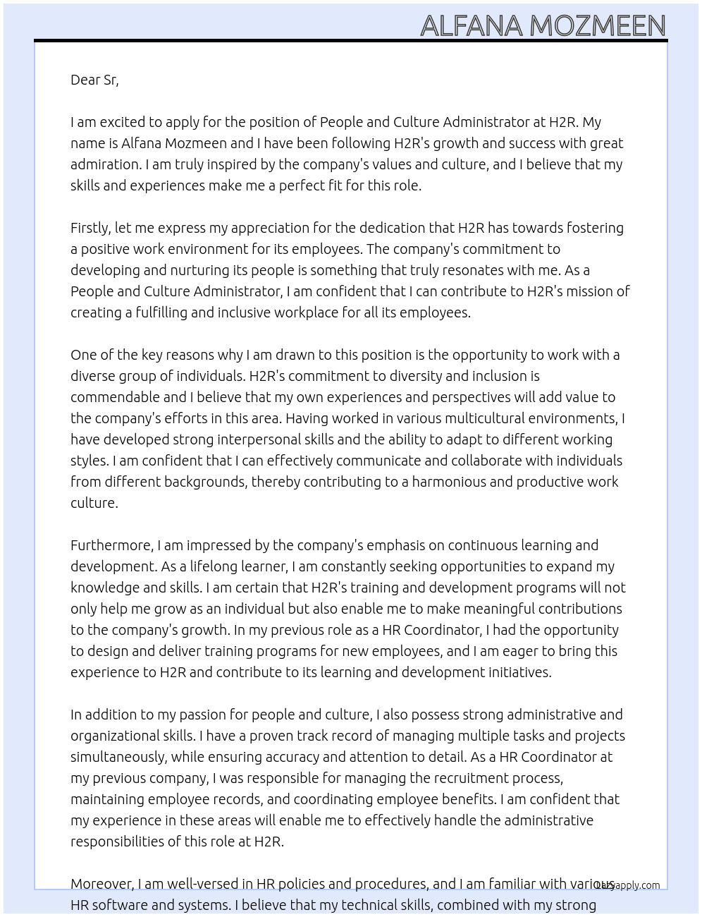 People and Culture Administrator At H2R  Cover Letter