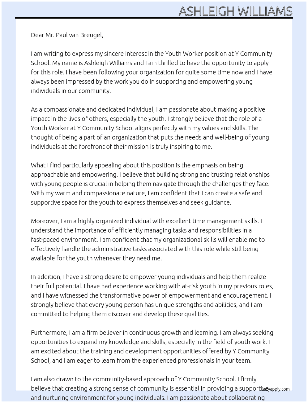 Youth Worker At Y Community School Cover Letter