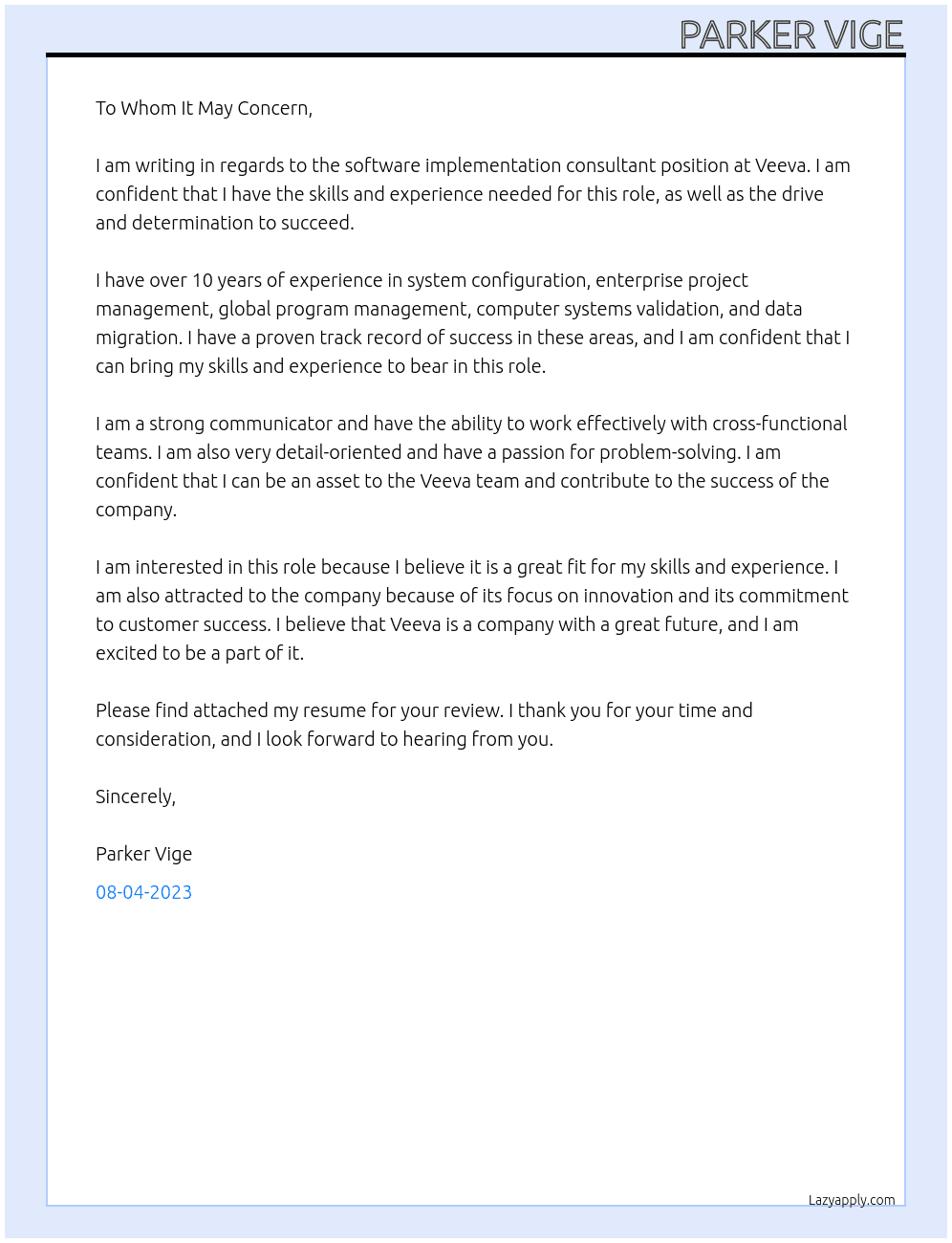 Software implementation consultant  At Veeva Cover Letter