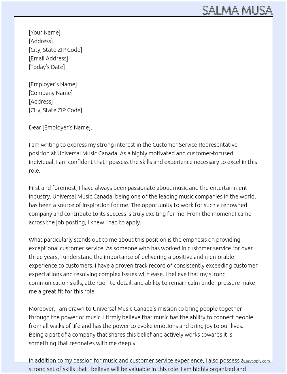 Customer Service Representative At Universal Music Canada  Cover Letter