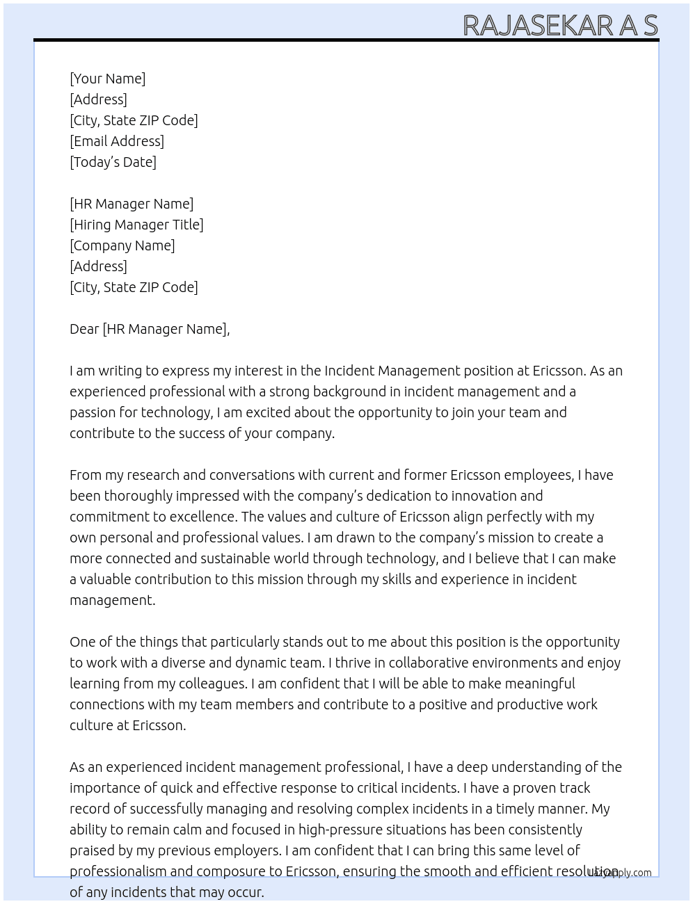 Cover letter for incident managment - LazyApply