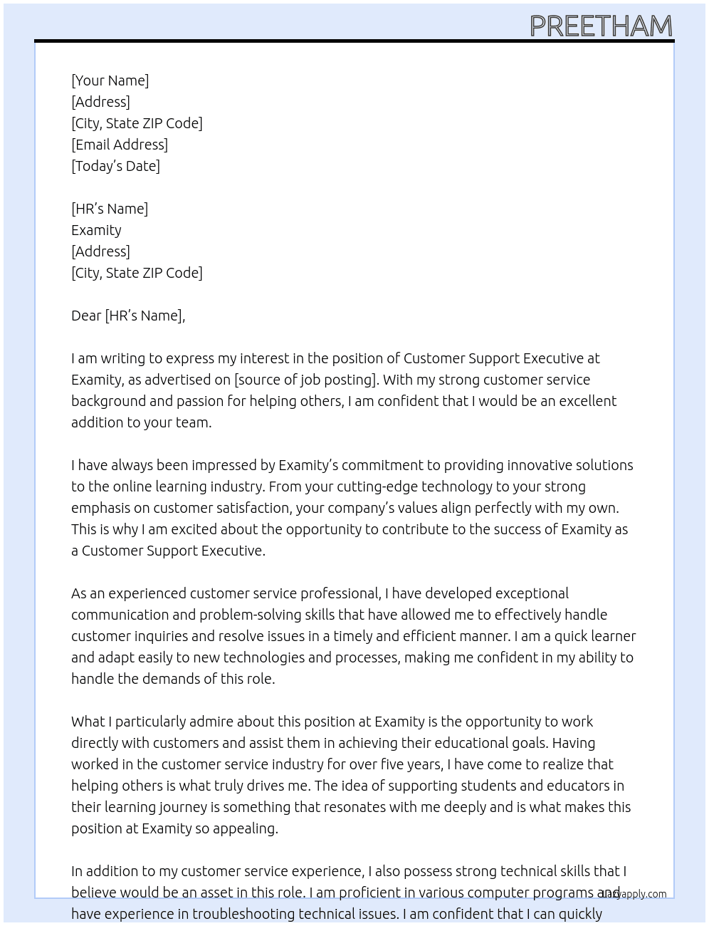 Customer support executive  At Examity Cover Letter