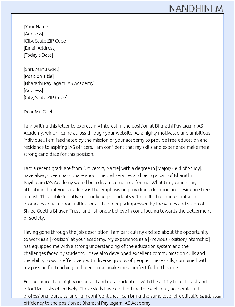 Bharathi Payilagam IAS Academy  , Free education and residence At Shree Geetha Bhavan Trust Cover Letter