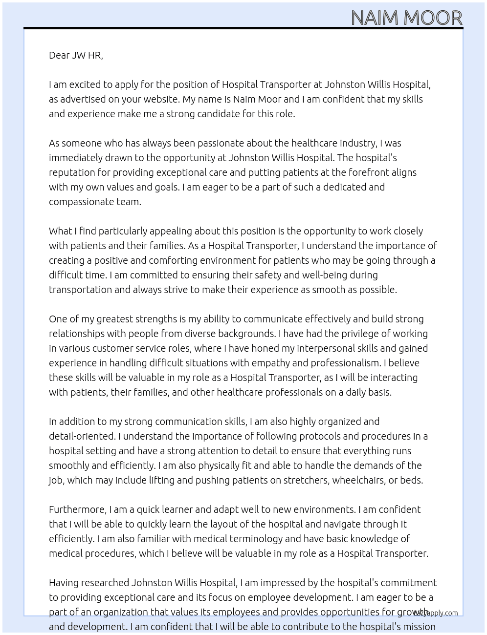 hospital transporter At Johnston Willis Hospital Cover Letter