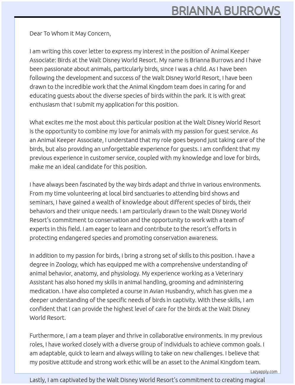 Animal Keeper Associate: Birds At Walt Disney World Report Cover Letter