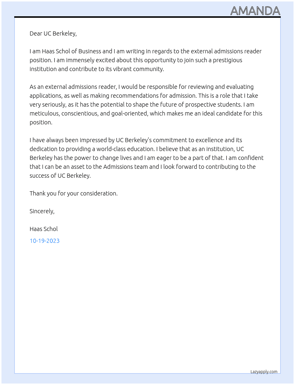 external admissions reader  At UC Berkeley Cover Letter