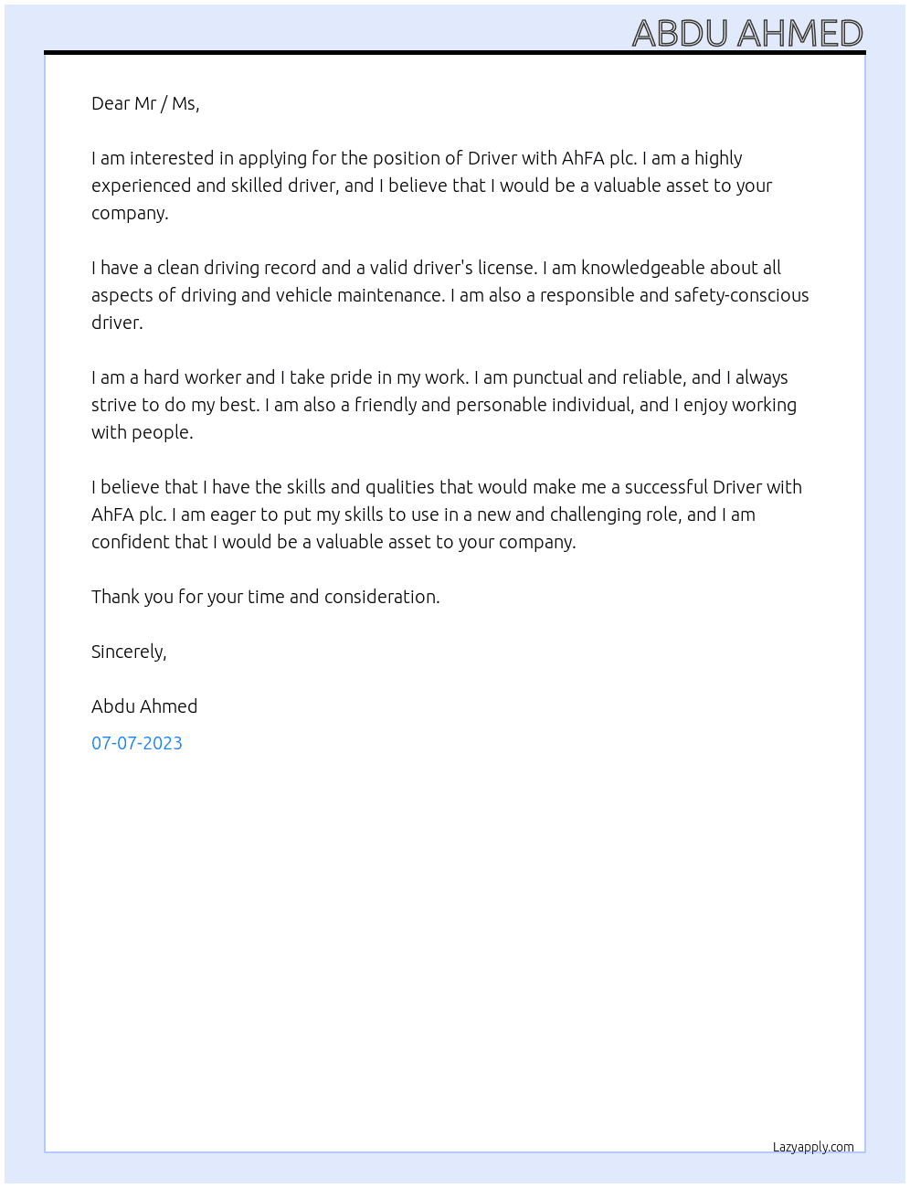 Driver At AhFA plc Cover Letter