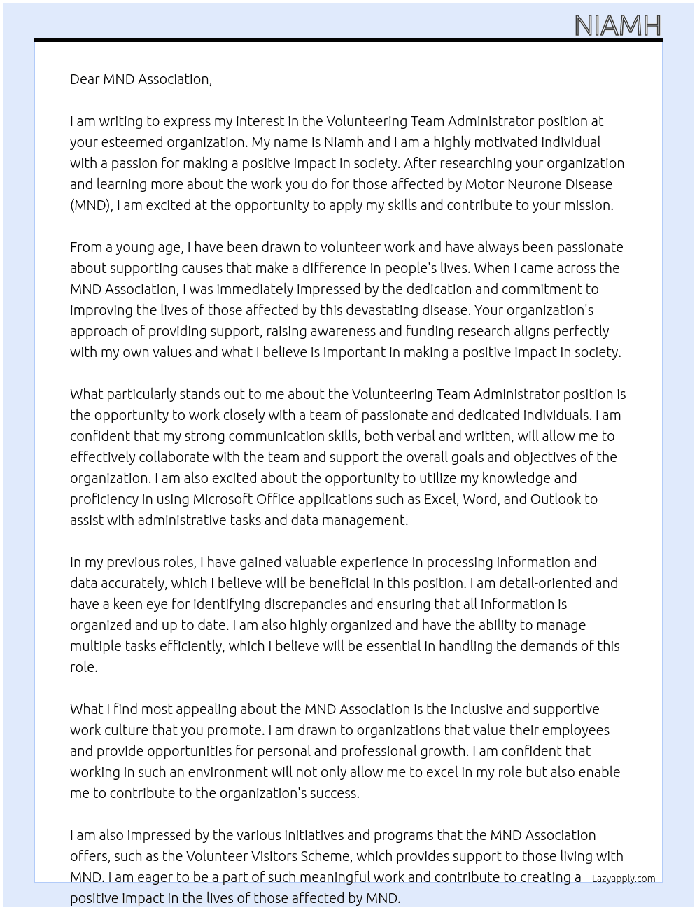 Volunteering Team Administrator At MND Association Cover Letter
