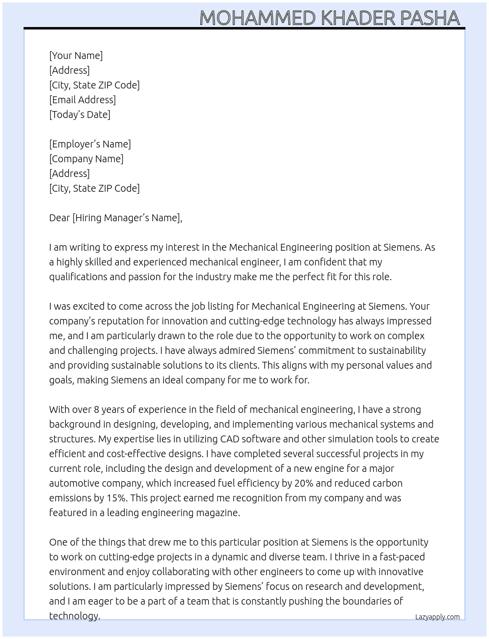  Mechanical Engineering At Siemens Cover Letter