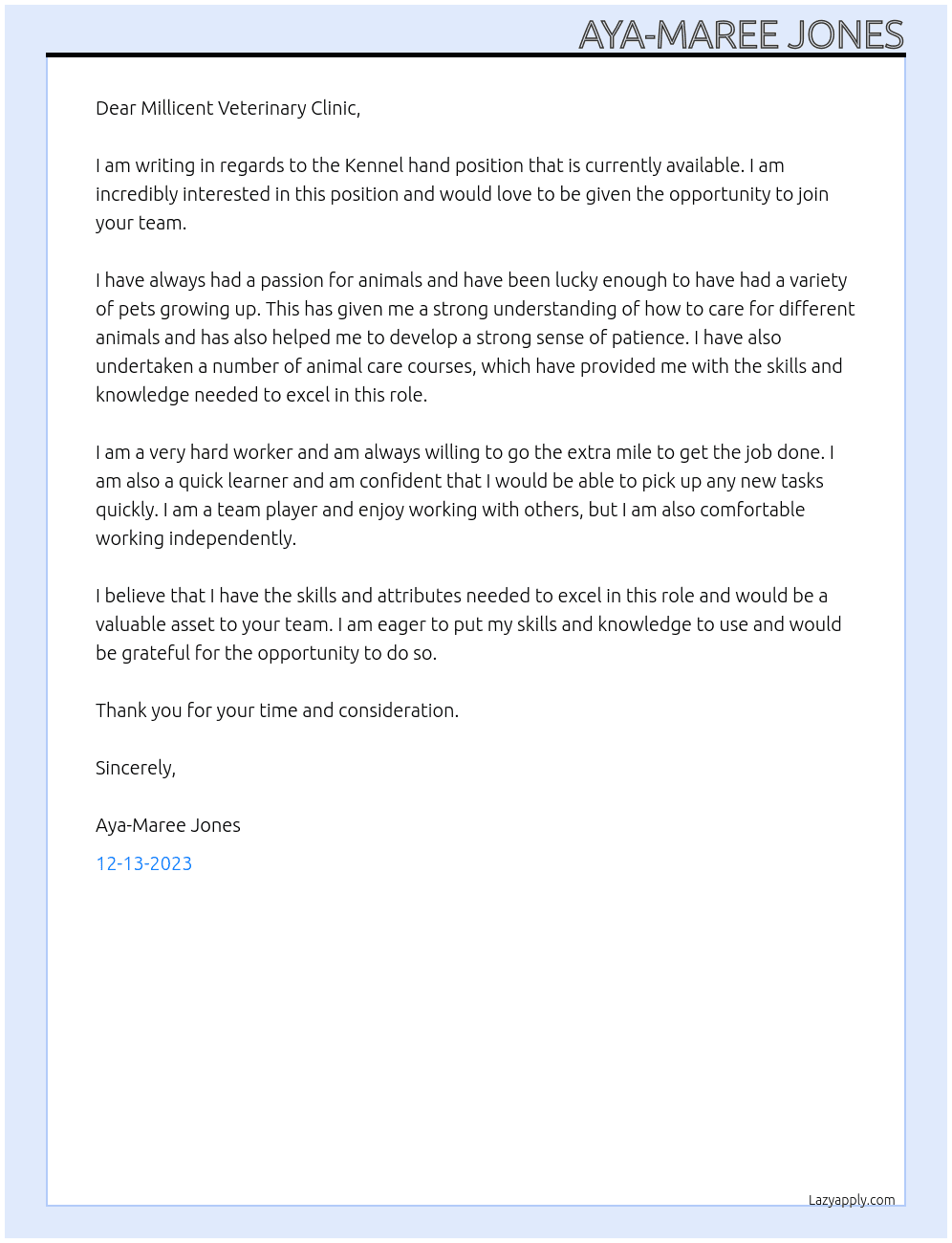 Kennel hand position  At Millicent Veterinary Clinic Cover Letter