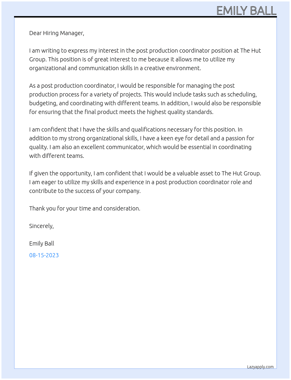 Post Production Coordinator At The Hut Group  Cover Letter