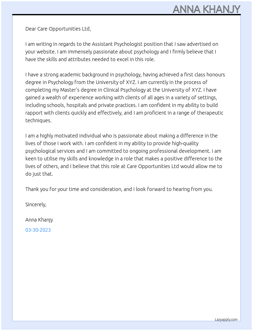 Assistant Psychologist  At Care Opportunities Ltd Cover Letter