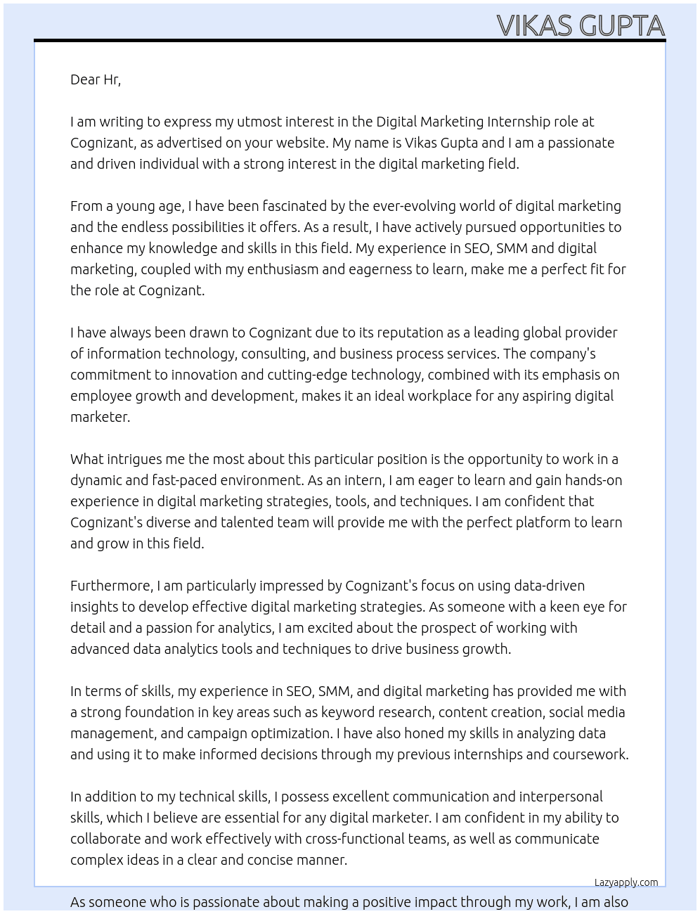 Digital marketing  At Cognizant  Cover Letter