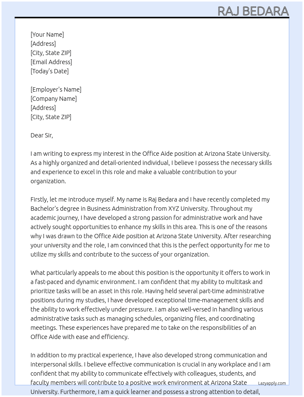 office aide At Arizona State University Cover Letter