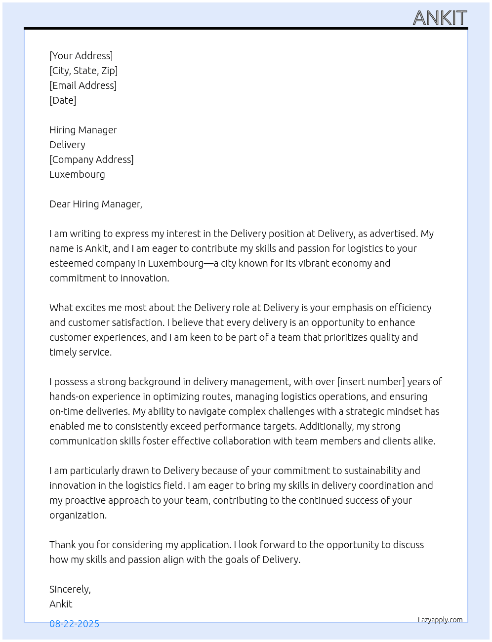  Delivery  At Delivery  Cover Letter