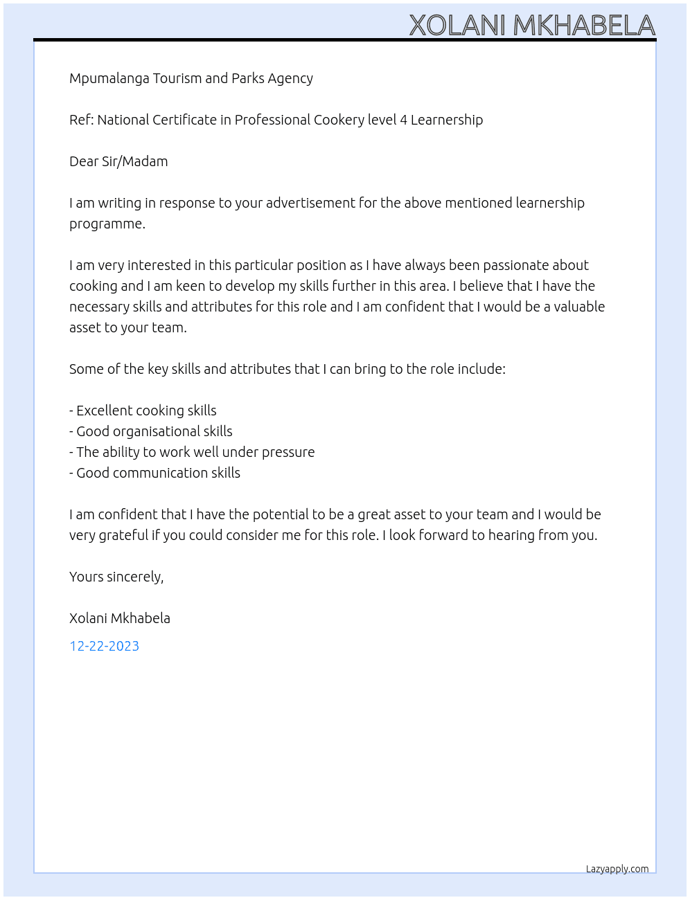 National Certificate in Professional Cookery level 4 Learnership At Mpumalanga Tourism and Parks Agency Cover Letter