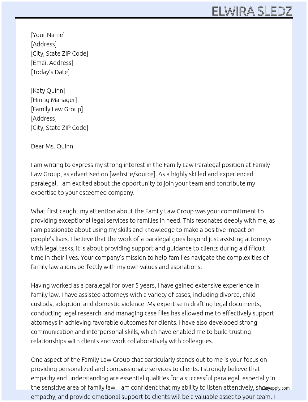 Family Law Paralegall At Family Law Group Cover Letter
