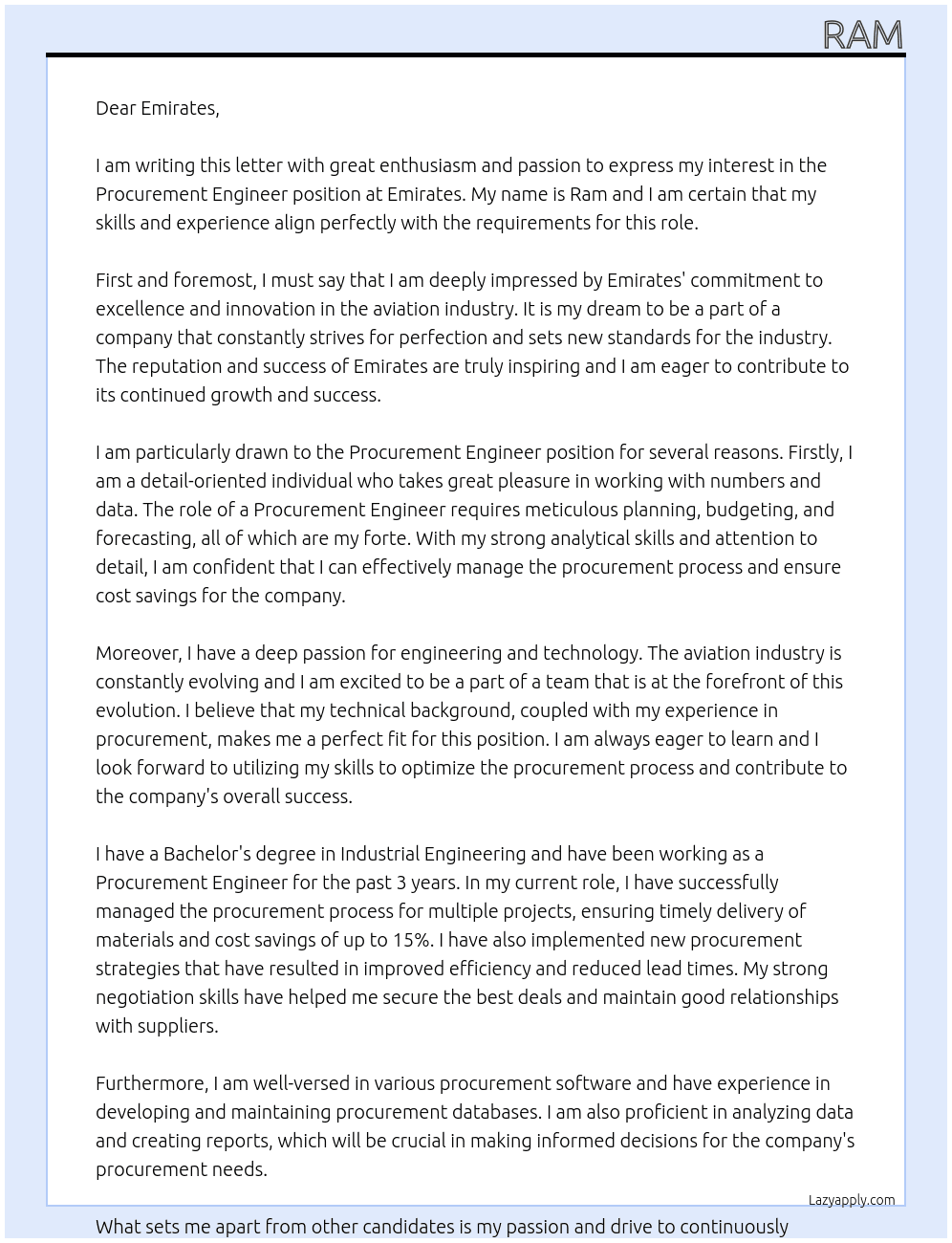 ProcuREMENT eNGINEER  At Emirates Cover Letter