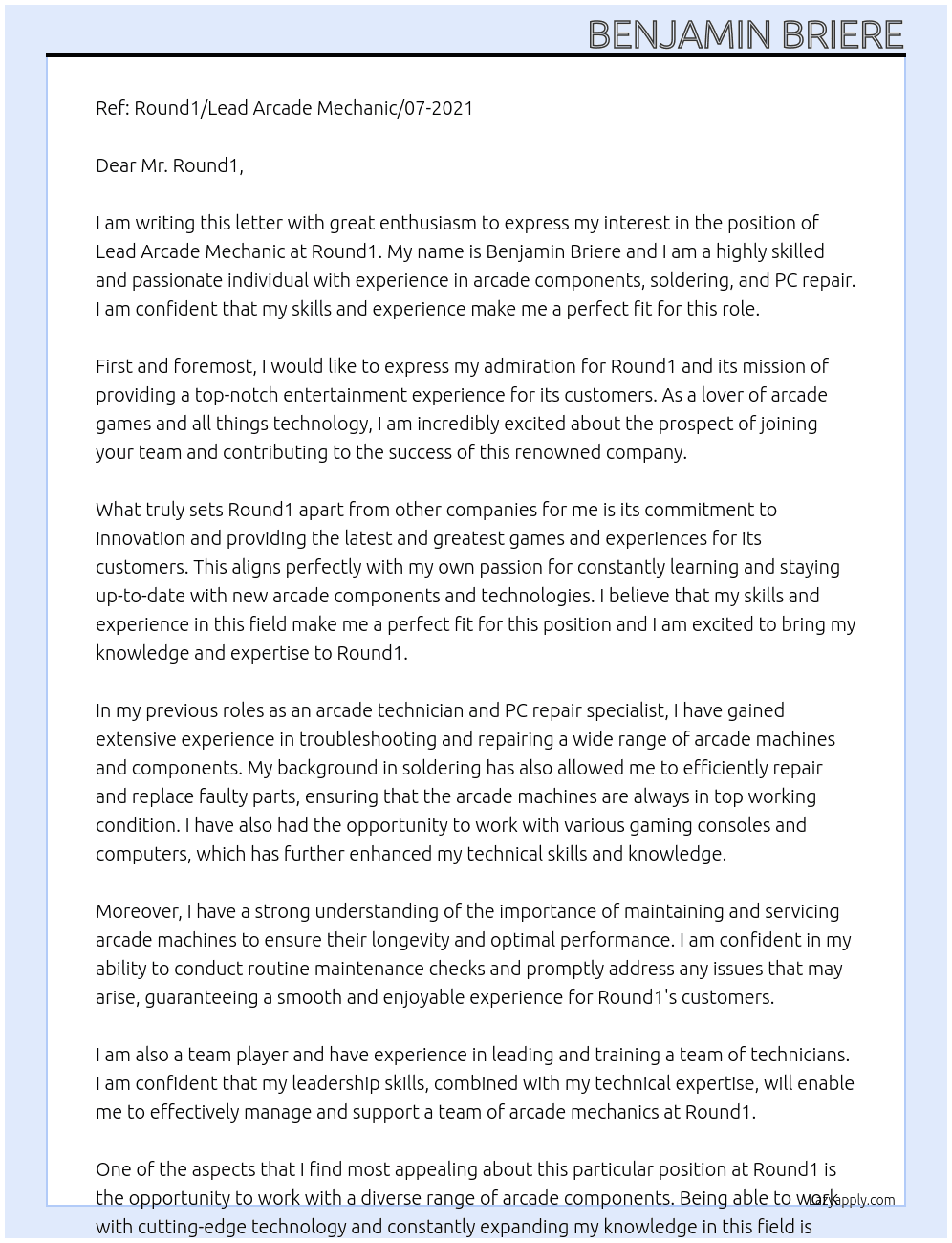 Lead Arcade Mechanic  At Round1 Cover Letter