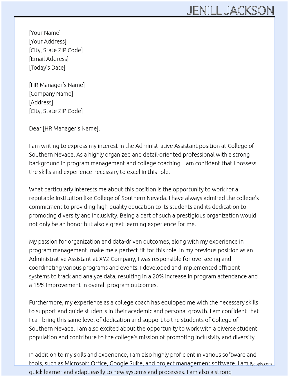 Administrative Assistant At College of Southern Nevada   Cover Letter
