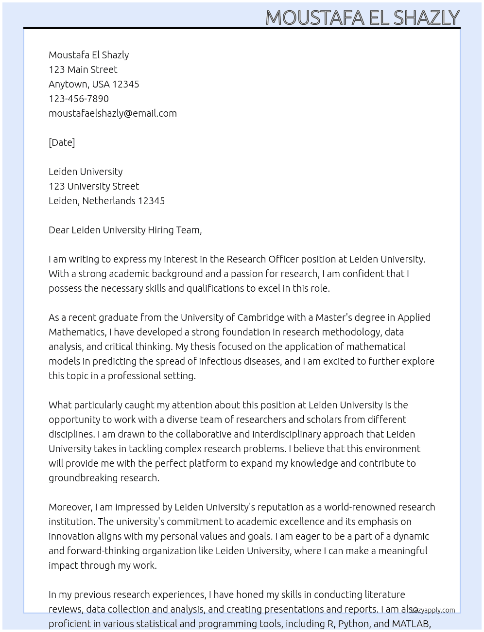 research officer At Leiden university Cover Letter