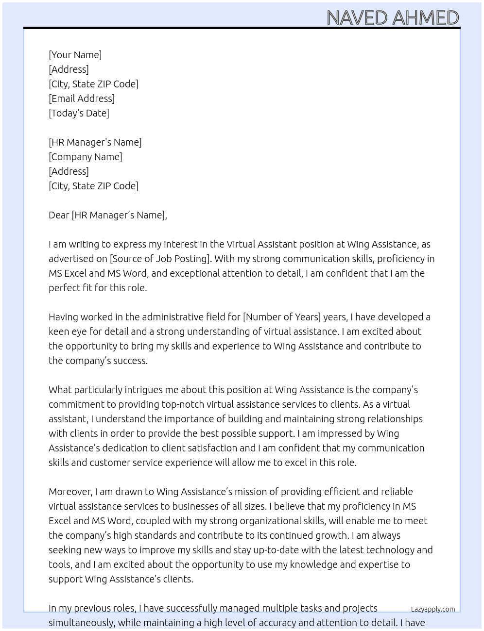 Virtual Assistant At Wing Assistance Cover Letter
