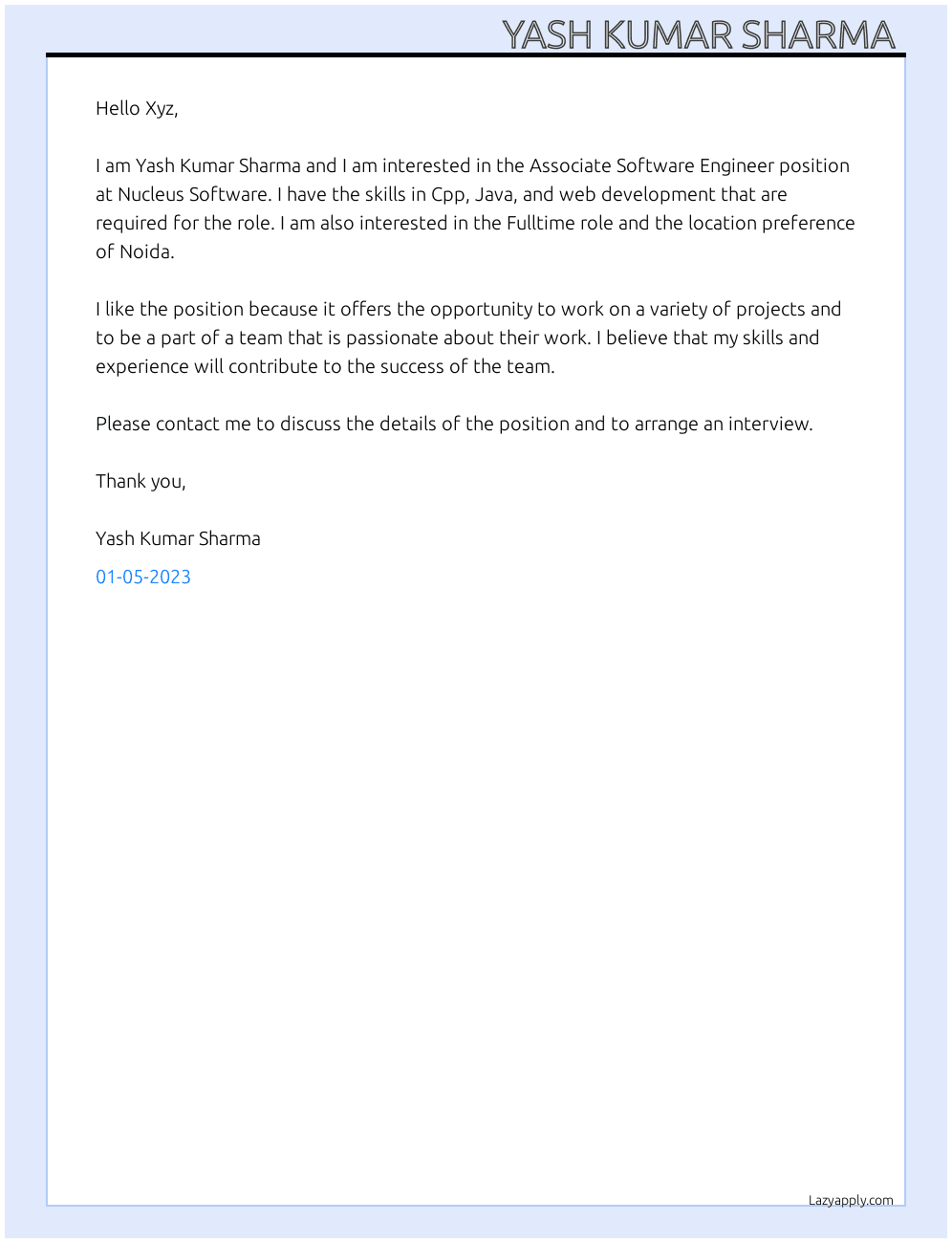 Associate  software engineer  At Nucleus Software  Cover Letter