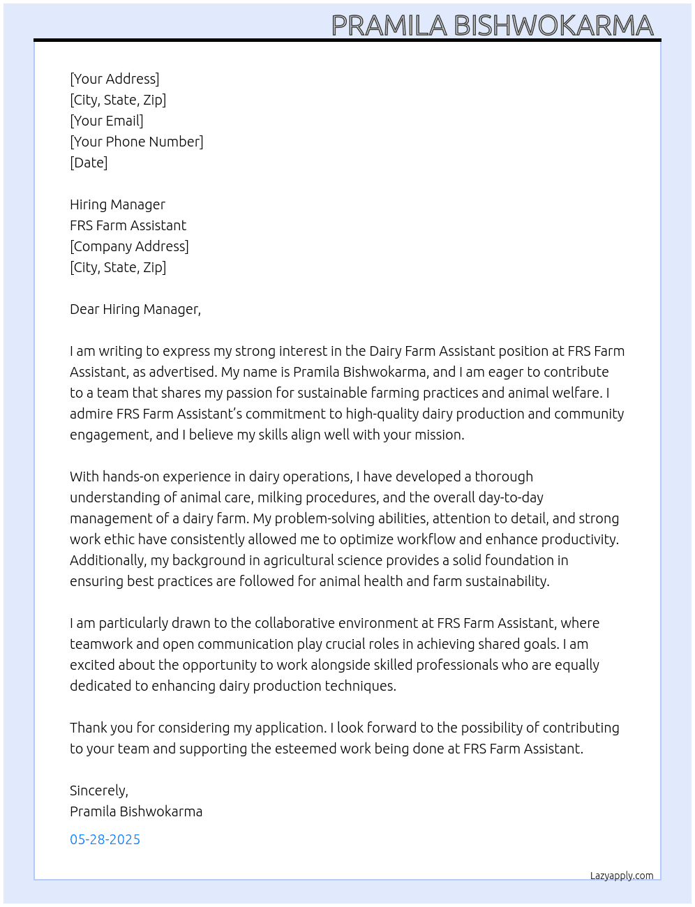 Dairy farm assistant  At FRS farm assistant  Cover Letter