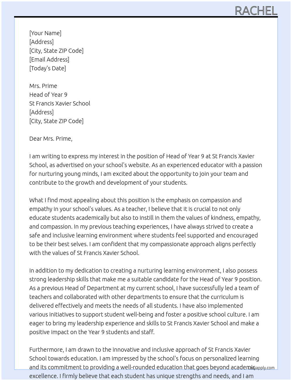 head of year 9 At St Francis Xavier School Cover Letter