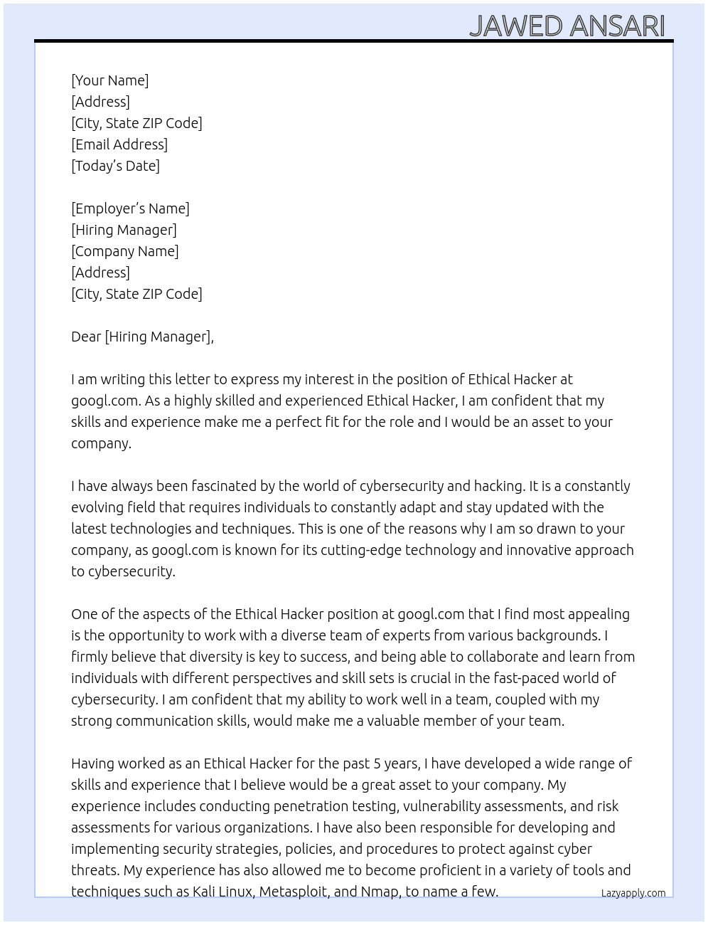 Ethical hacker At googl.com Cover Letter