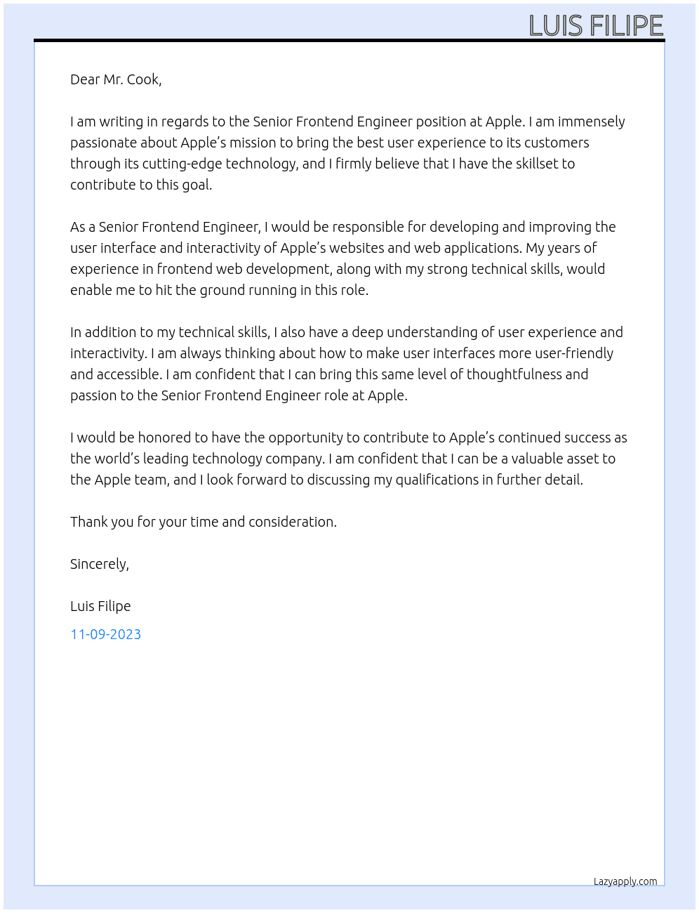 Senior Frontend Engineer At Apple Cover Letter
