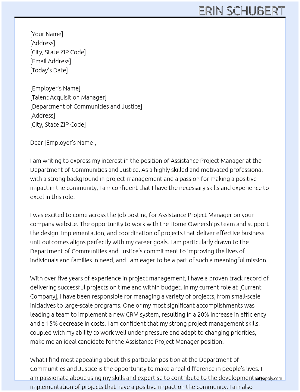Assistance project Manager At Department Of Communities and Justice Cover Letter