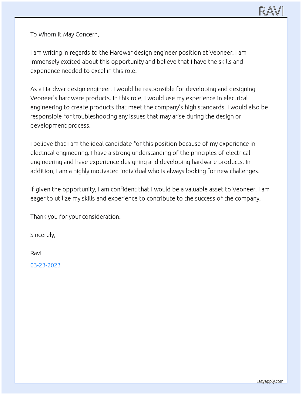 Hardwar design engineer  At Veoneer Cover Letter