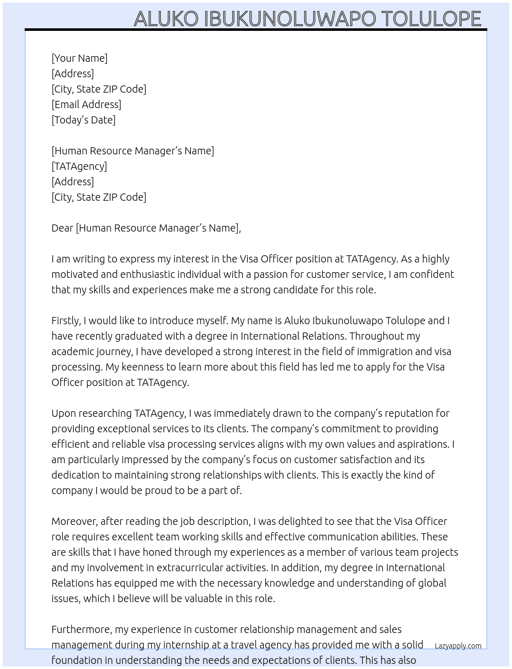 Visa Officer At TATAgency Cover Letter