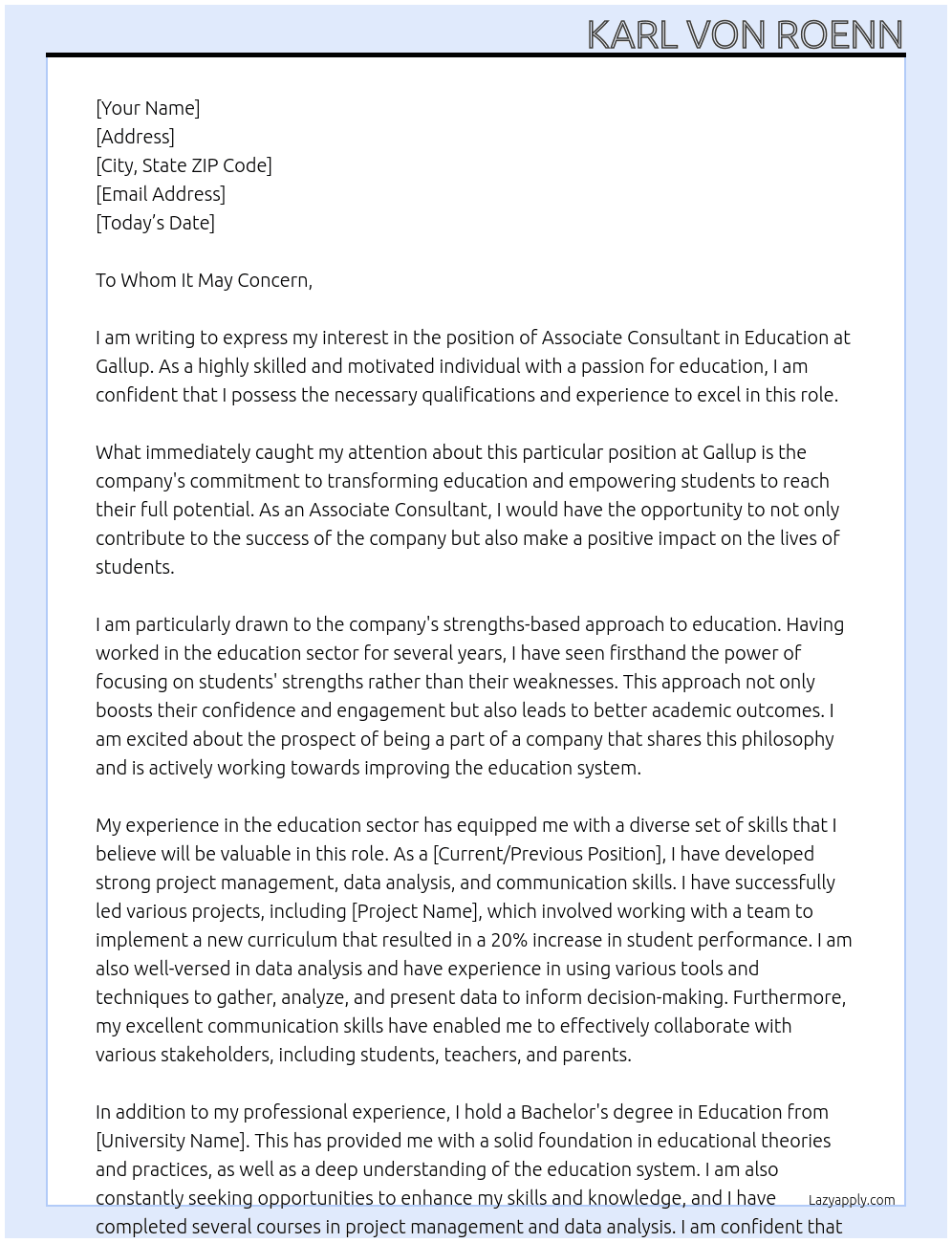 Associate Consultant in Education At Gallup Cover Letter