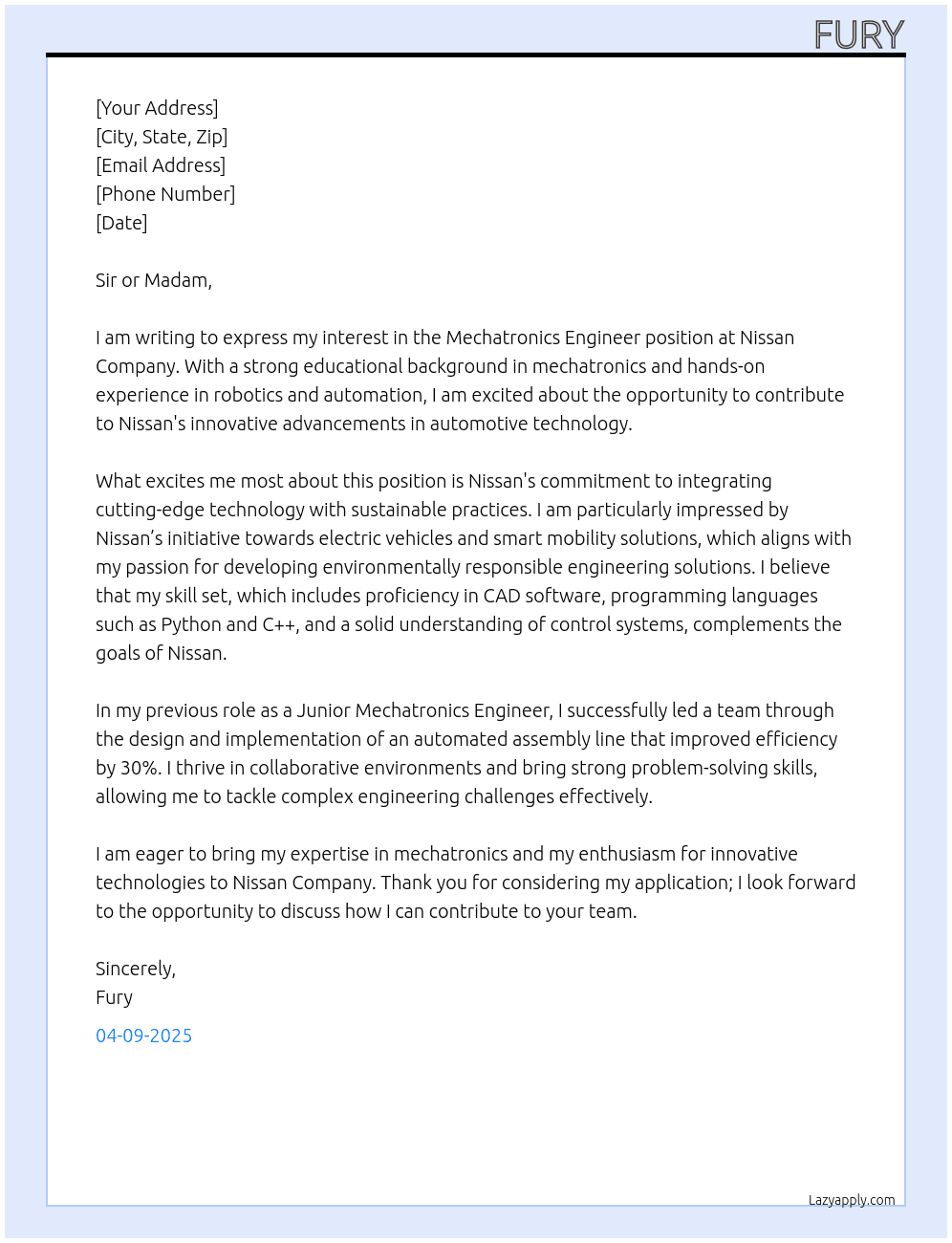 mechatronics engineer At Nissan company Cover Letter