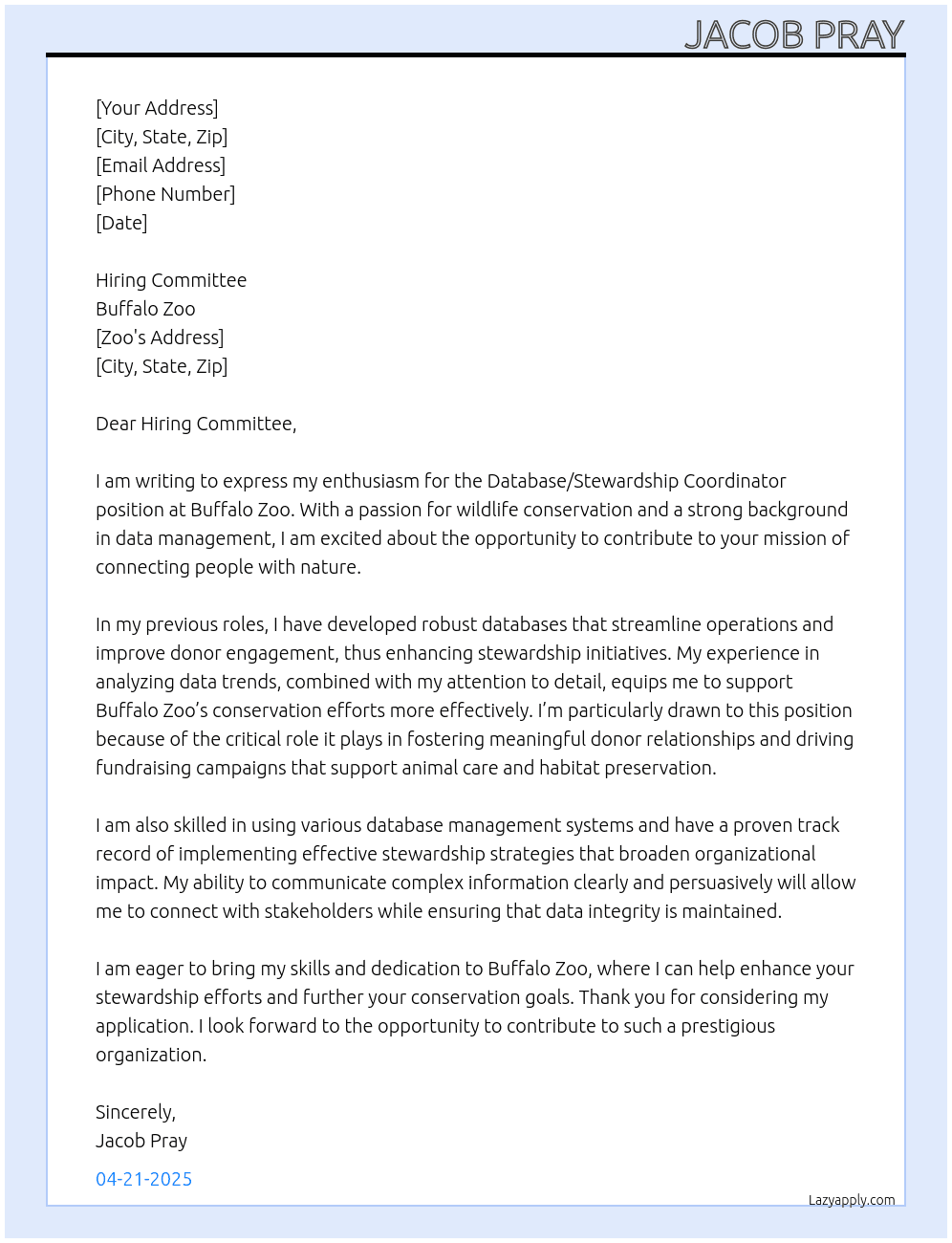 Cover letter for database/ stewardship coordinator - LazyApply