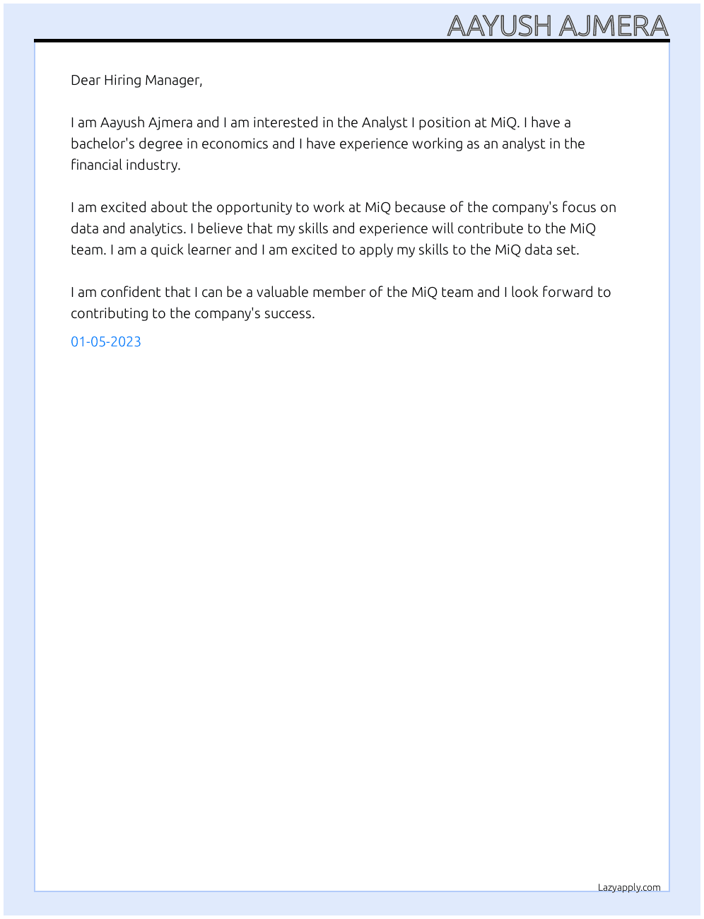 Analyst I At MiQ Cover Letter