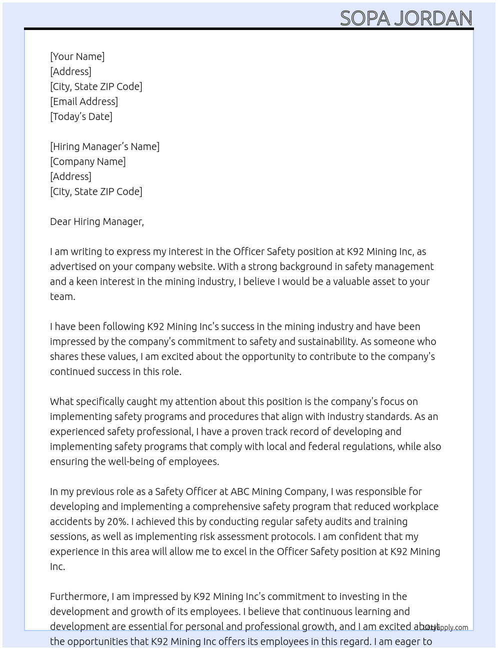Officer Safety At K92 Mining Inc Cover Letter